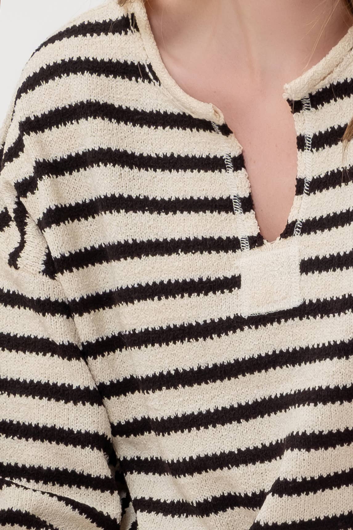 Blu Pepper - STRIPE SPLIT NECK LONG SLEEVE KNIT SWEATER: BLACK