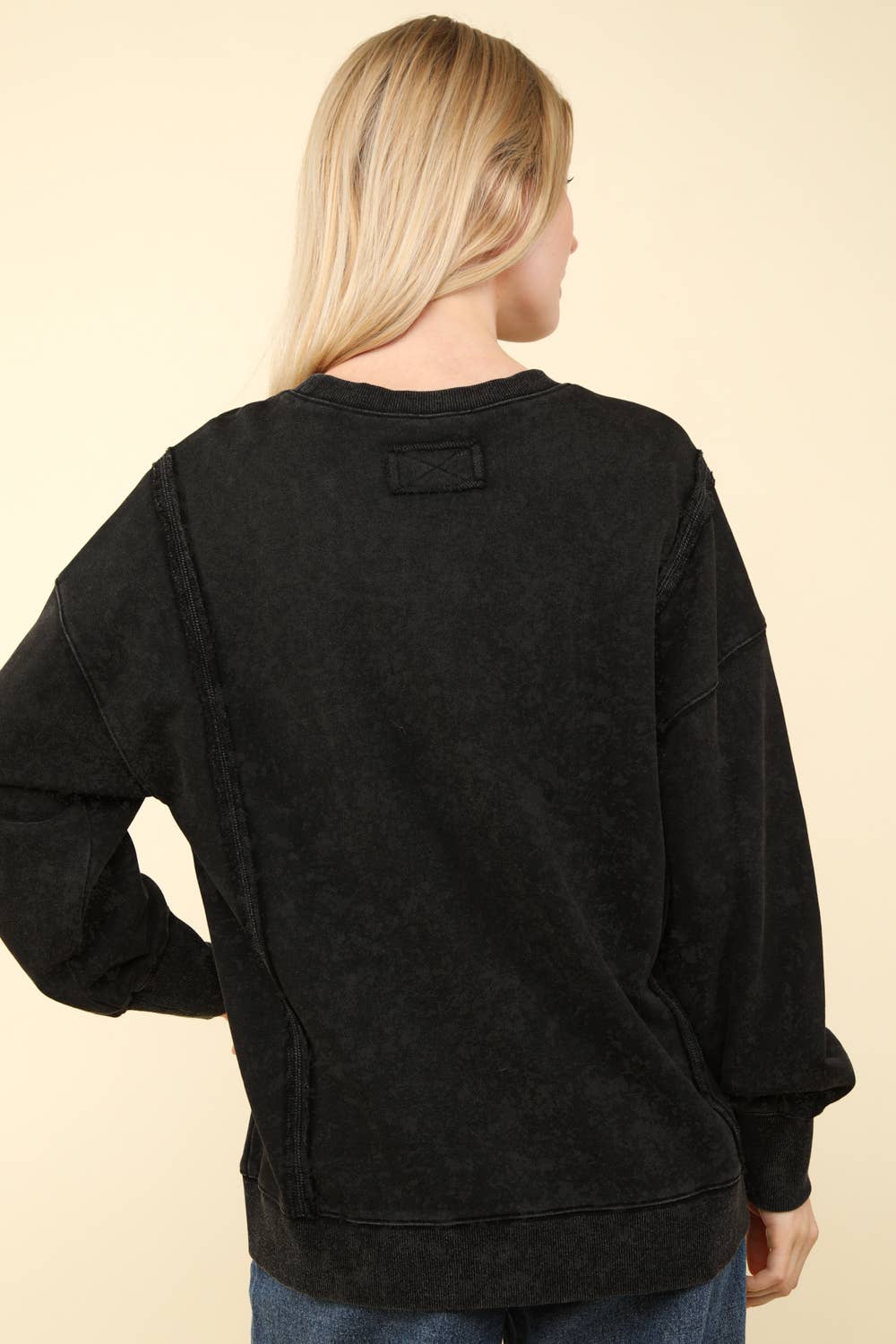 VERY J - NT11399-Mineral Washed French Terry Oversized Knit Top: Black / S-M-L/2-2-2