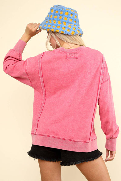 VERY J - NT11399-Mineral Washed French Terry Oversized Knit Top: Pink / S-M-L/2-2-2