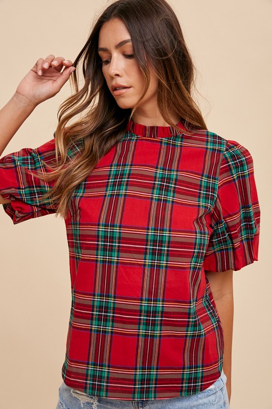 Marcella Plaid Ruffle Sleeve Blouse