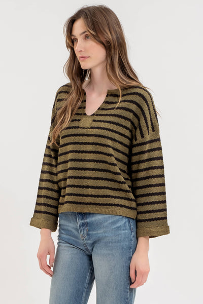 Blu Pepper - STRIPE SPLIT NECK LONG SLEEVE KNIT SWEATER: BLACK