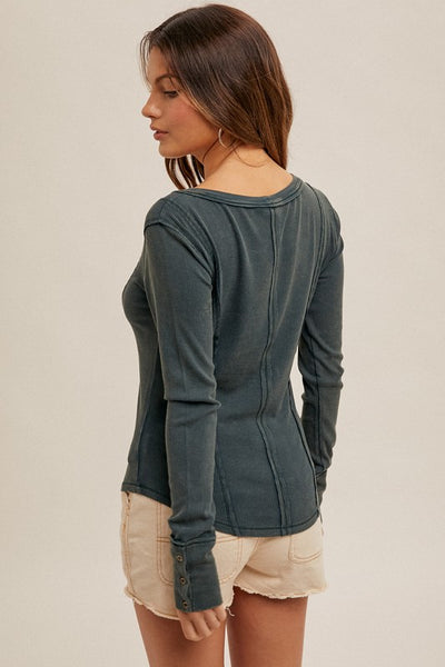 Holly Wide Neck Washed Ribbed Henley