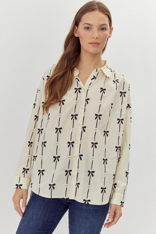 Barton Ribbon Print Button Up Top