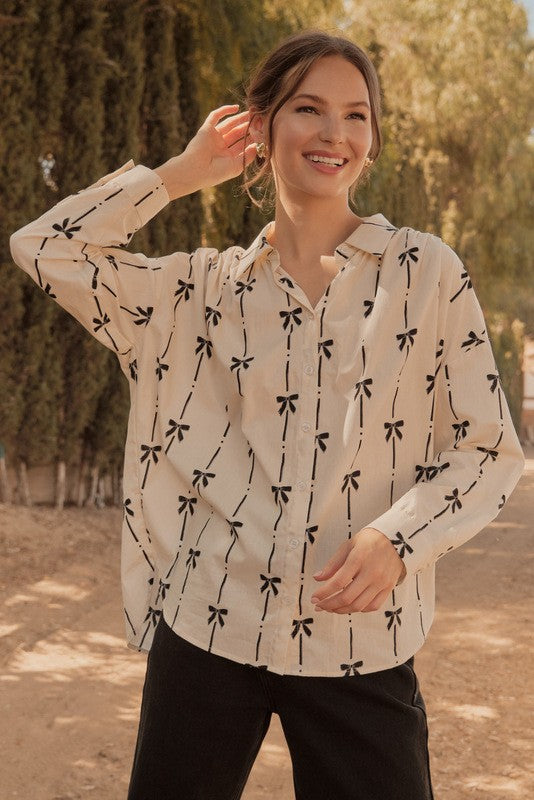 Barton Ribbon Print Button Up Top