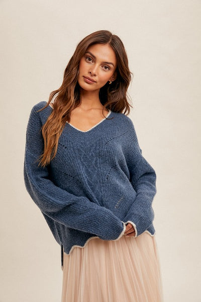 Lily Scallop Edge V Neck Sweater