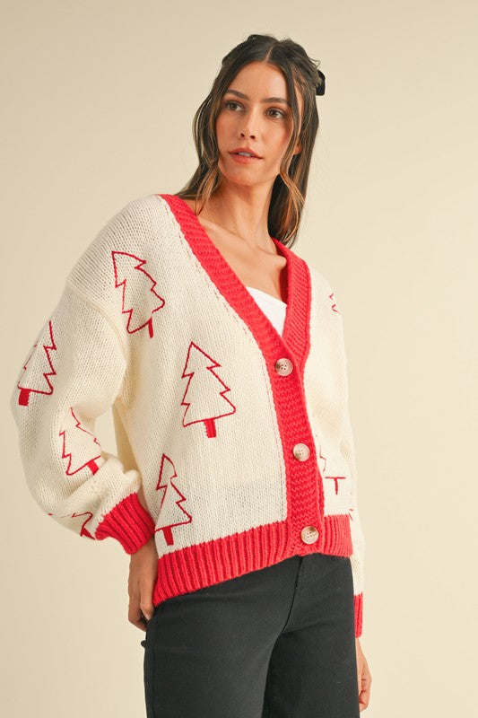 Holiday Hugs Tree Embroidered Cardigan