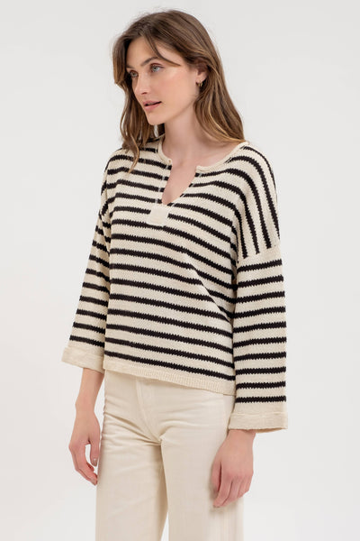 Blu Pepper - STRIPE SPLIT NECK LONG SLEEVE KNIT SWEATER: BLACK