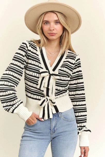 Meredith Striped Bow Cardigan