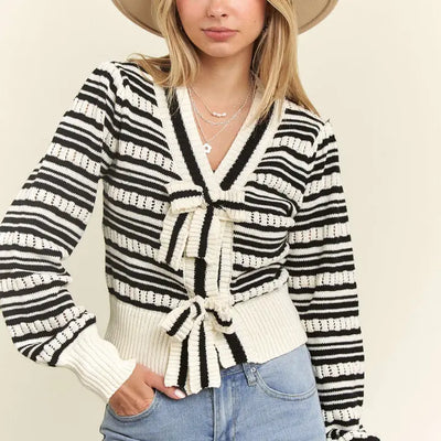 Meredith Striped Bow Cardigan