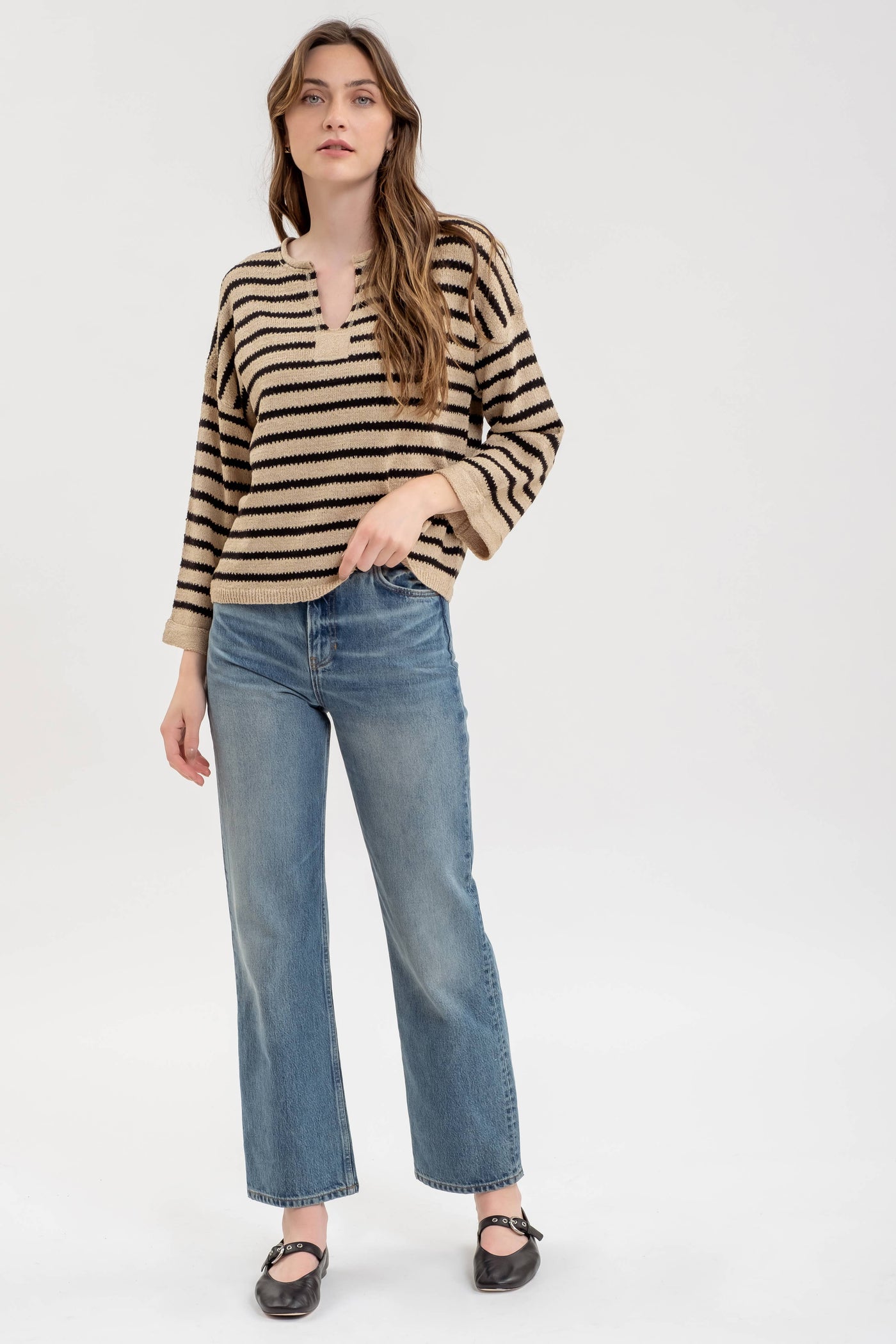 Blu Pepper - STRIPE SPLIT NECK LONG SLEEVE KNIT SWEATER: BLACK