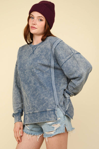 VERY J - NT11399-Mineral Washed French Terry Oversized Knit Top: DENIM / S-M-L/2-2-2