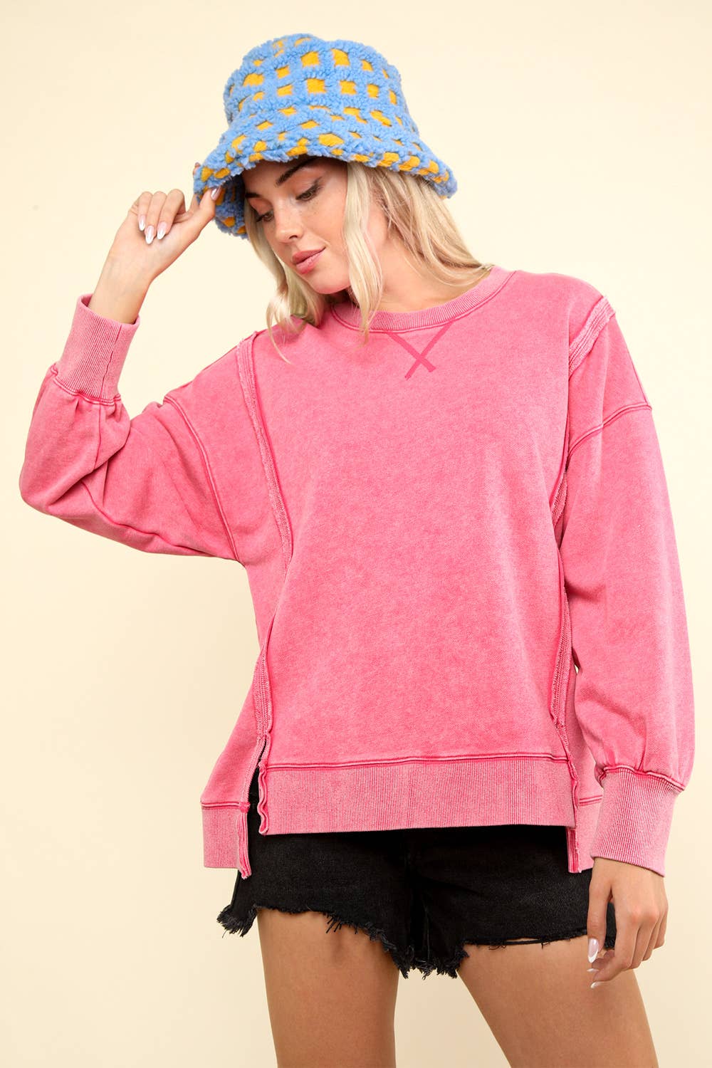 VERY J - NT11399-Mineral Washed French Terry Oversized Knit Top: Pink / S-M-L/2-2-2