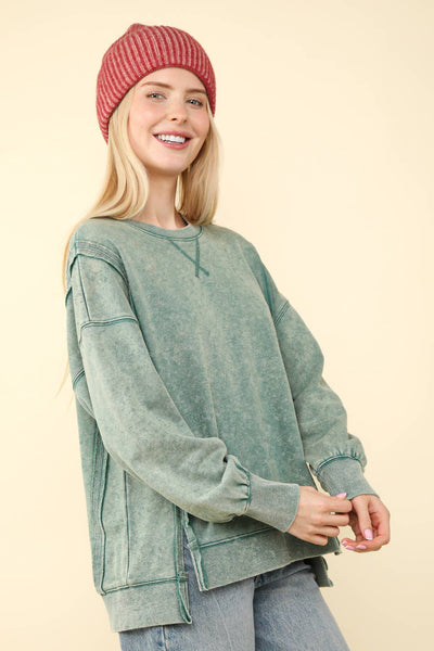 VERY J - NT11399-Mineral Washed French Terry Oversized Knit Top: Pink / S-M-L/2-2-2