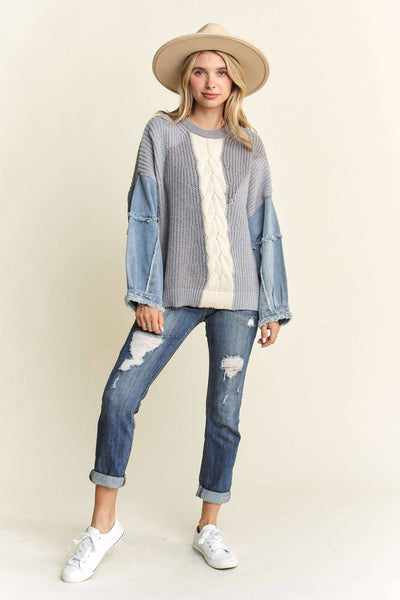 Madelyn - LESW3593 - FRAYED DENIM SLEEVE COLORBLOCK: GREY / L