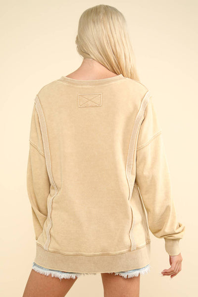 VERY J - NT11399-Mineral Washed French Terry Oversized Knit Top: Pink / S-M-L/2-2-2