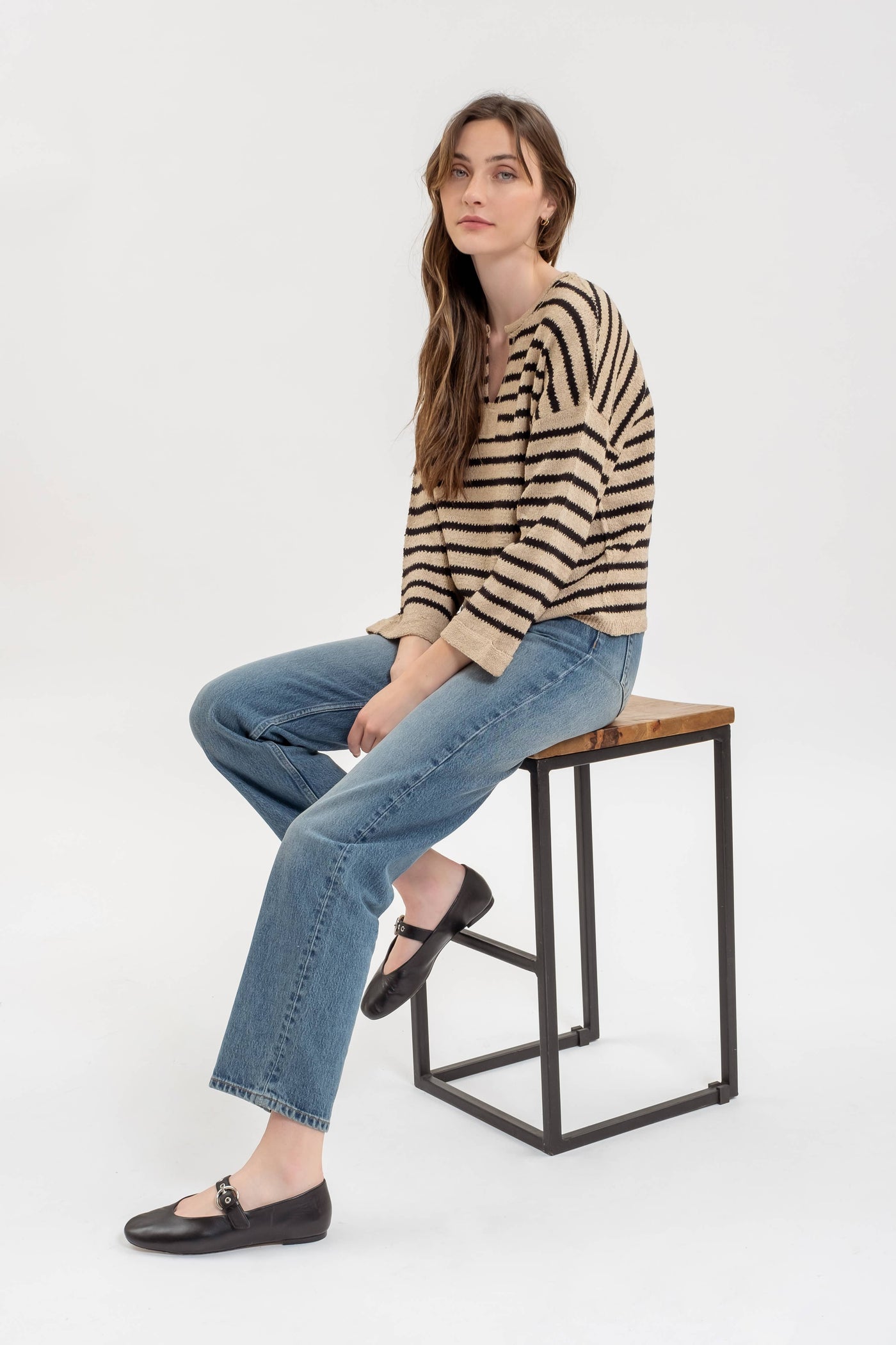 Blu Pepper - STRIPE SPLIT NECK LONG SLEEVE KNIT SWEATER: BLACK