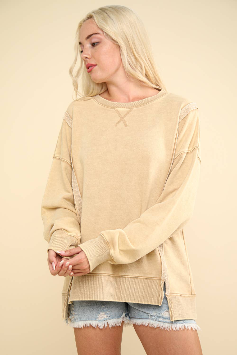 VERY J - NT11399-Mineral Washed French Terry Oversized Knit Top: Pink / S-M-L/2-2-2