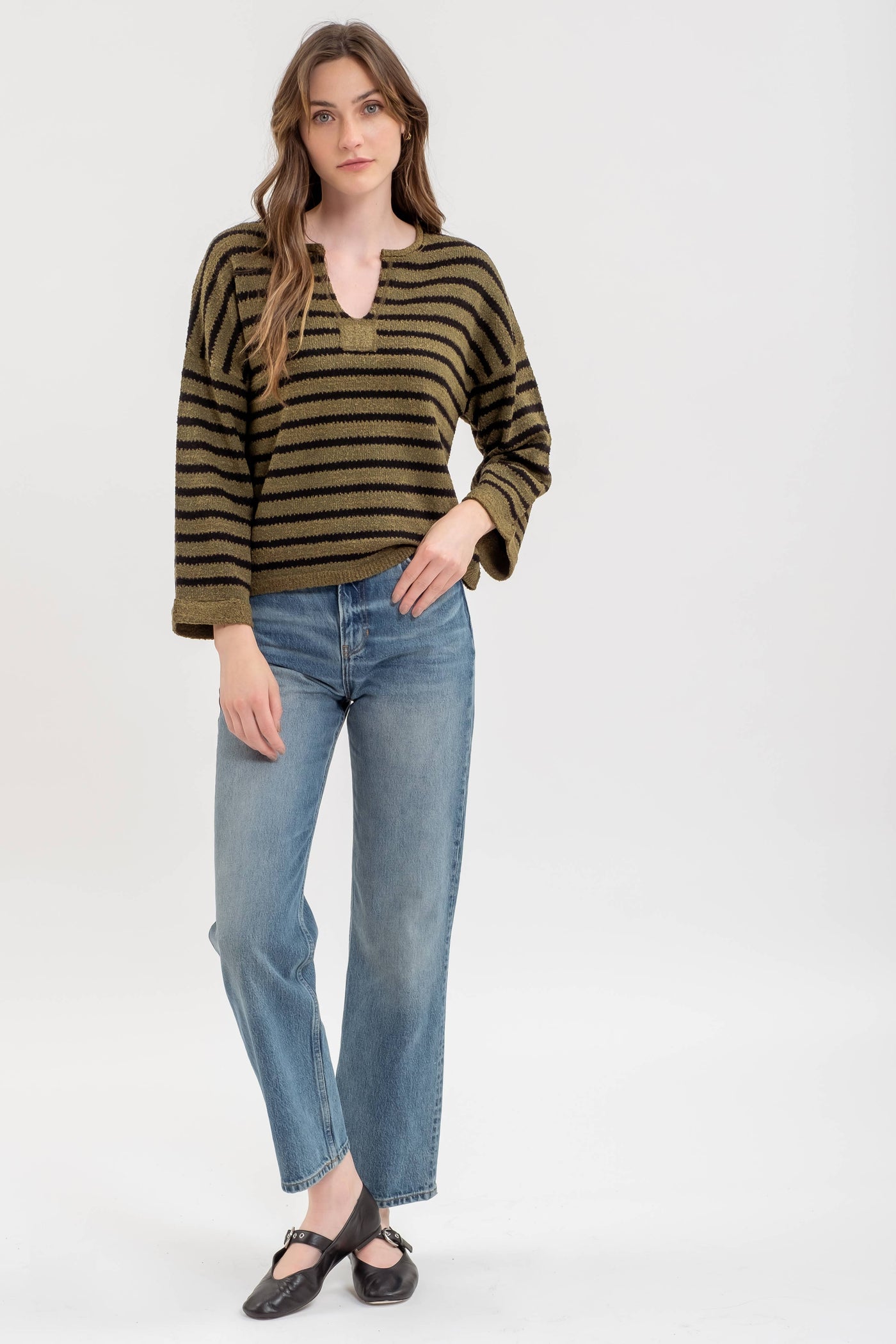 Blu Pepper - STRIPE SPLIT NECK LONG SLEEVE KNIT SWEATER: BLACK