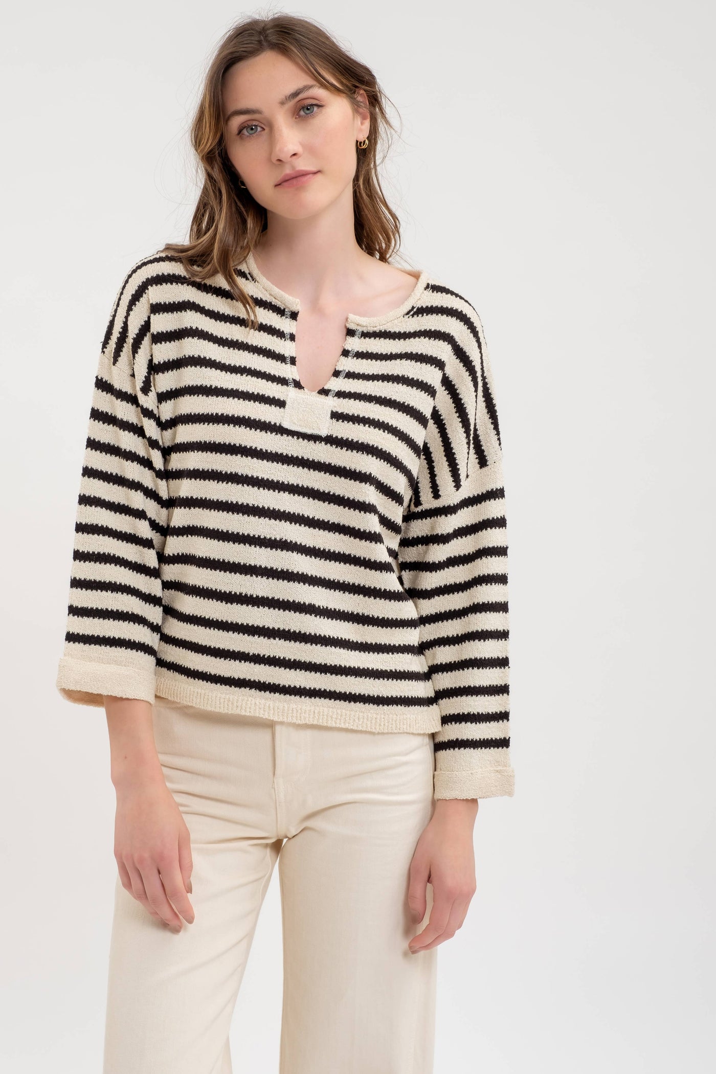 Blu Pepper - STRIPE SPLIT NECK LONG SLEEVE KNIT SWEATER: BLACK