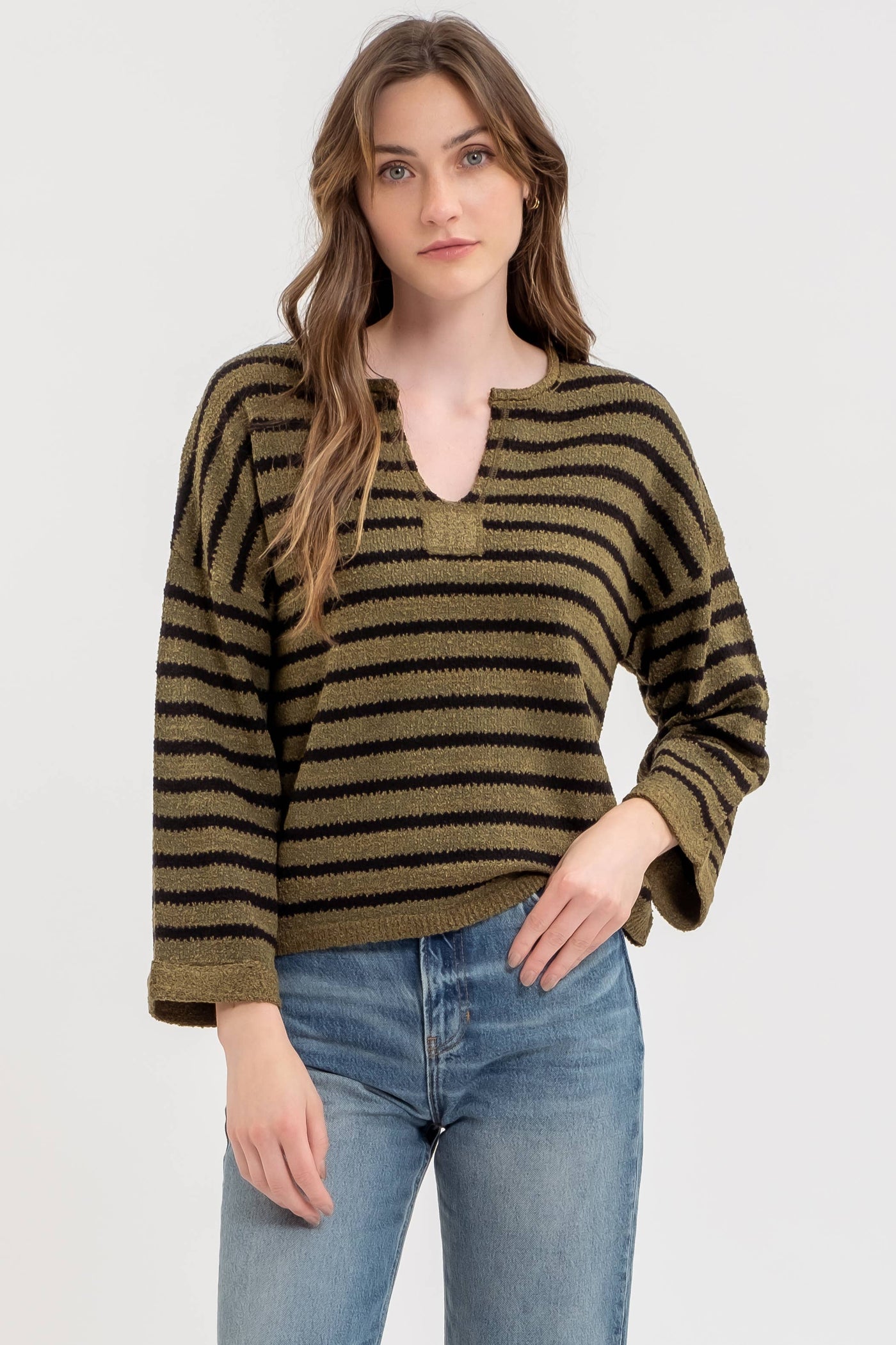 Blu Pepper - STRIPE SPLIT NECK LONG SLEEVE KNIT SWEATER: BLACK