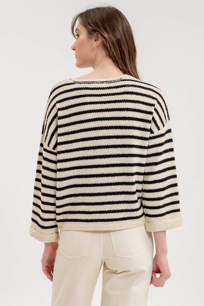 Blu Pepper - STRIPE SPLIT NECK LONG SLEEVE KNIT SWEATER: BLACK