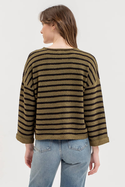 Blu Pepper - STRIPE SPLIT NECK LONG SLEEVE KNIT SWEATER: BLACK