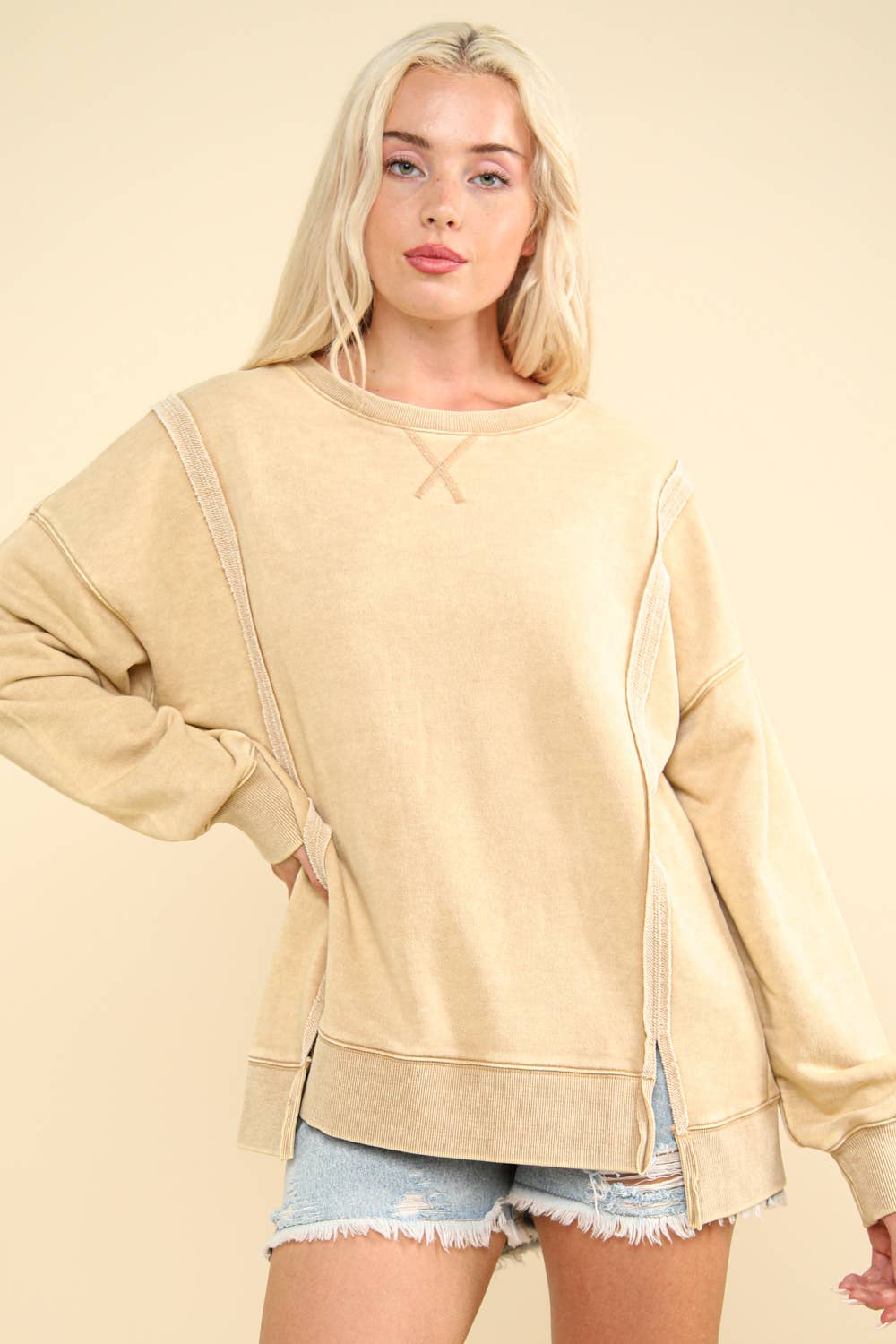 VERY J - NT11399-Mineral Washed French Terry Oversized Knit Top: Pink / S-M-L/2-2-2