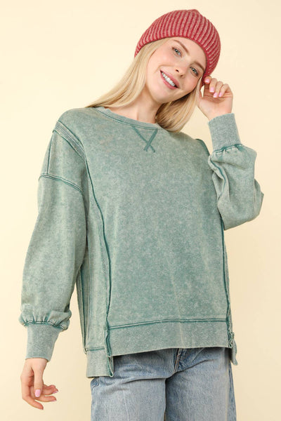 VERY J - NT11399-Mineral Washed French Terry Oversized Knit Top: Pink / S-M-L/2-2-2