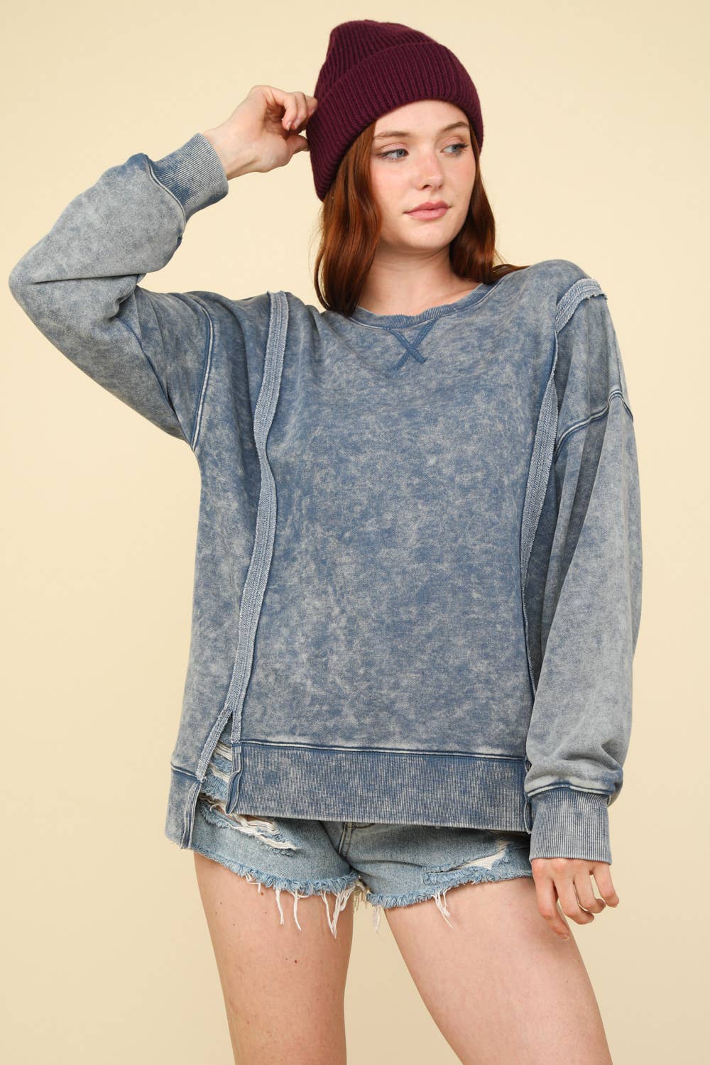 VERY J - NT11399-Mineral Washed French Terry Oversized Knit Top: DENIM / S-M-L/2-2-2