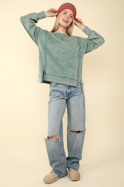 VERY J - NT11399-Mineral Washed French Terry Oversized Knit Top: DENIM / S-M-L/2-2-2