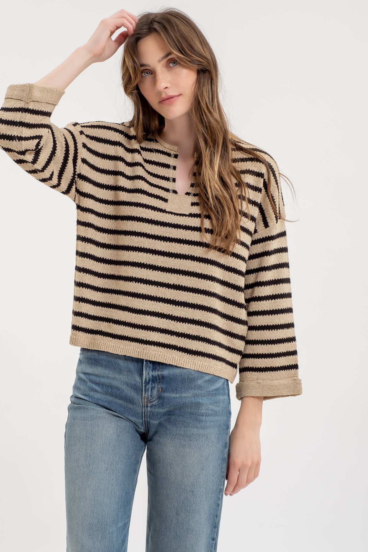 Blu Pepper - STRIPE SPLIT NECK LONG SLEEVE KNIT SWEATER: BLACK