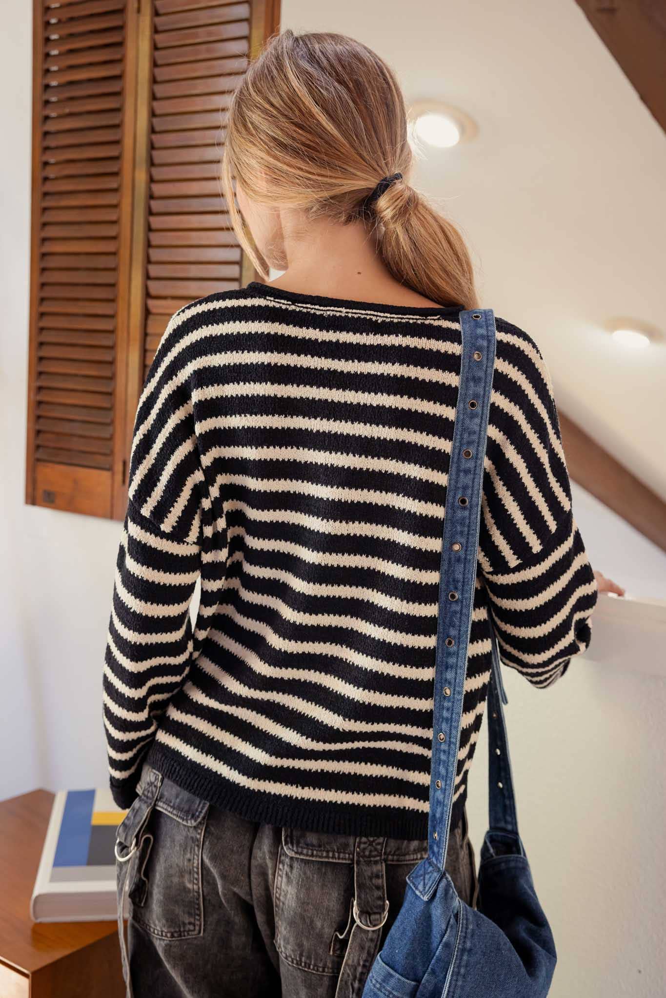 Blu Pepper - STRIPE SPLIT NECK LONG SLEEVE KNIT SWEATER: BLACK