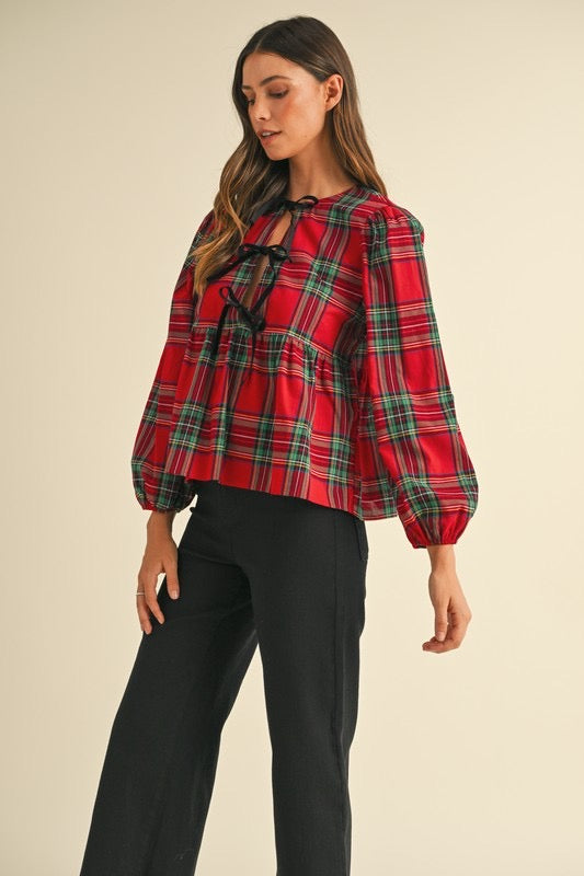 Vivi Velvet Bow Plaid Peplum Top