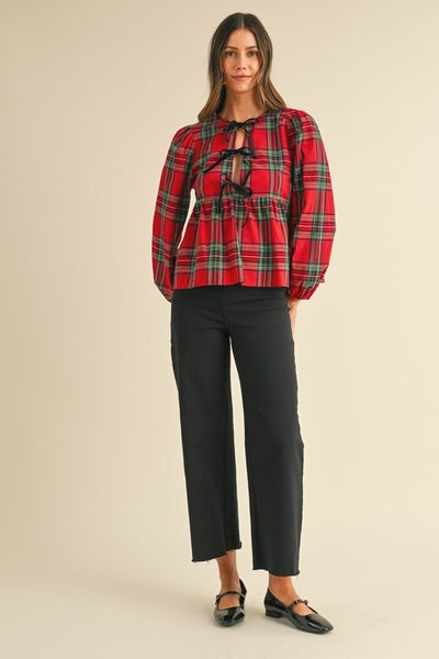 Vivi Velvet Bow Plaid Peplum Top