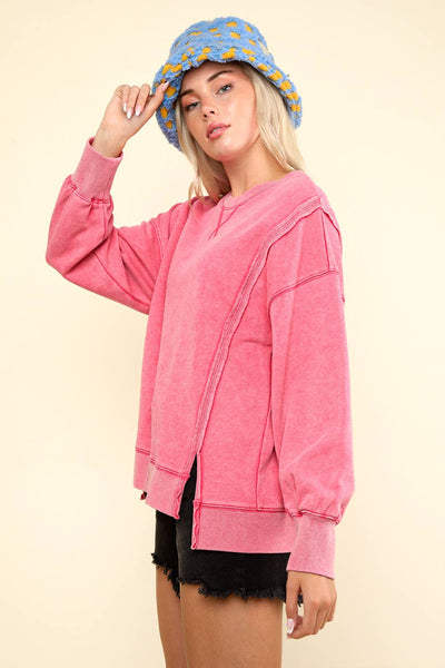 VERY J - NT11399-Mineral Washed French Terry Oversized Knit Top: Pink / S-M-L/2-2-2