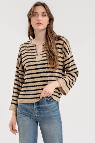 Blu Pepper - STRIPE SPLIT NECK LONG SLEEVE KNIT SWEATER: BLACK