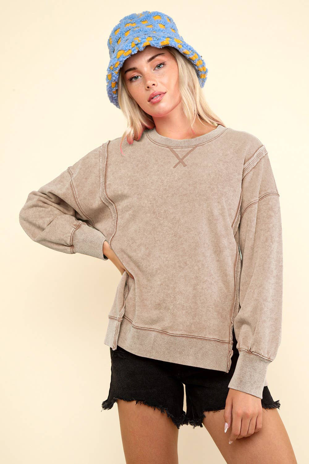 VERY J - NT11399-Mineral Washed French Terry Oversized Knit Top: DENIM / S-M-L/2-2-2