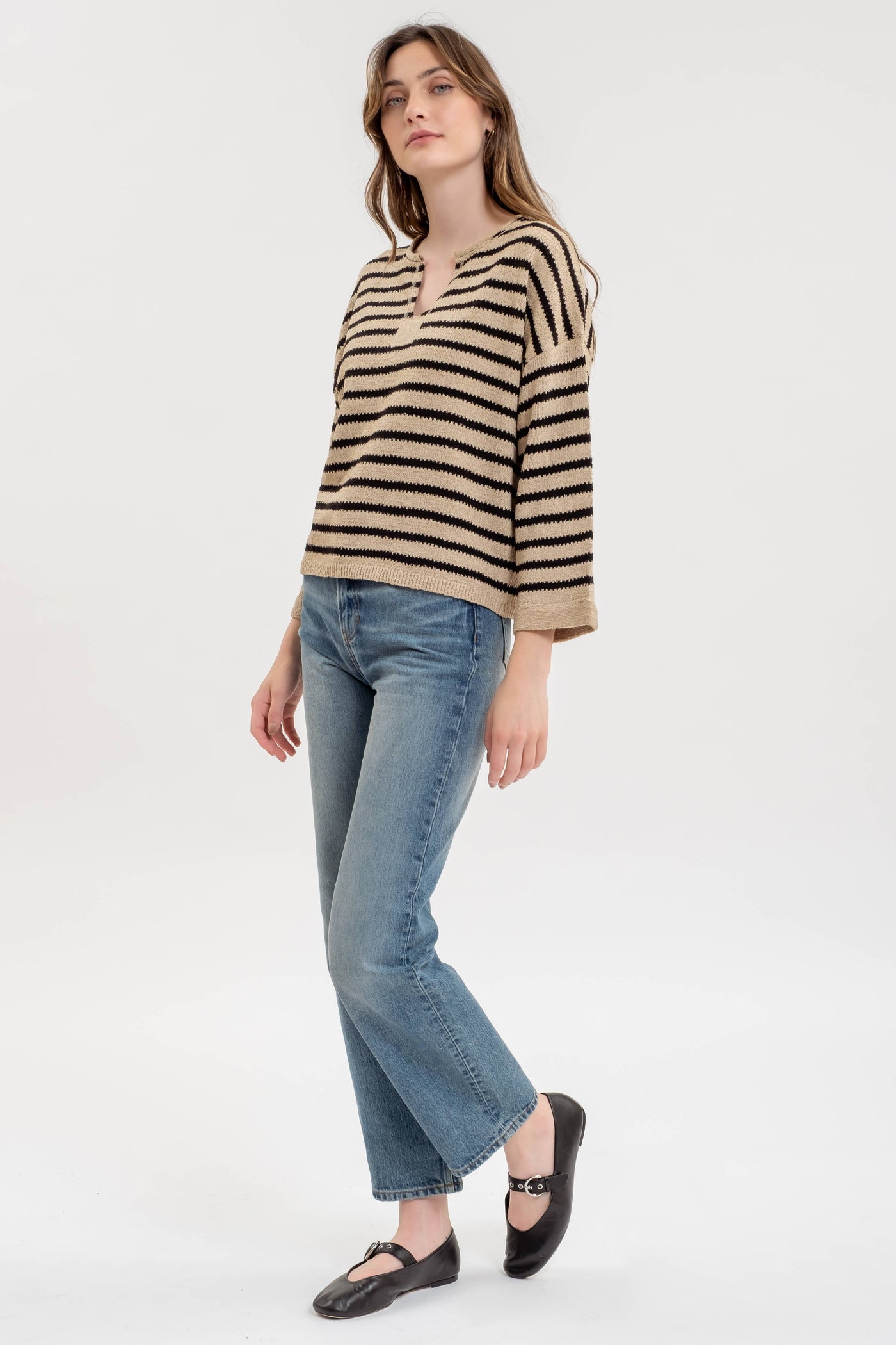 Blu Pepper - STRIPE SPLIT NECK LONG SLEEVE KNIT SWEATER: BLACK