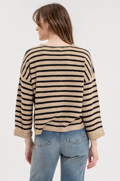 Blu Pepper - STRIPE SPLIT NECK LONG SLEEVE KNIT SWEATER: BLACK